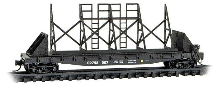 50′ Fishbelly-Side Flatcar with Panel Track Support Frame Kit - Ready to Run -- Conrail 758007 (black), N, Micro Trains Line 4