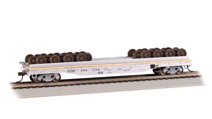 52′ Wheel Flatcar with Load - Ready to Run -- Santa Fe 198234 (MOW silver, black), HO, Bachmann Industries 18937