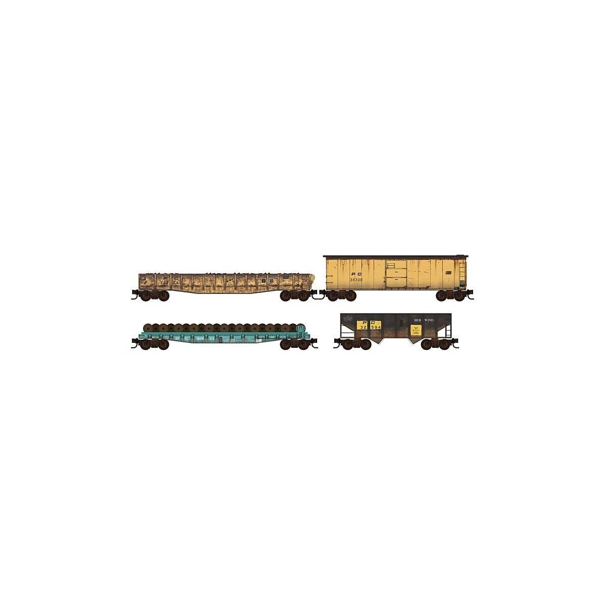 Maintenance-of-Way 4-Car Set - Ready to Run w/Load Kits -- Penn Central Weathered Wheel Flat, Gondola, Boxcar, 2-Bay Hopper, N, 