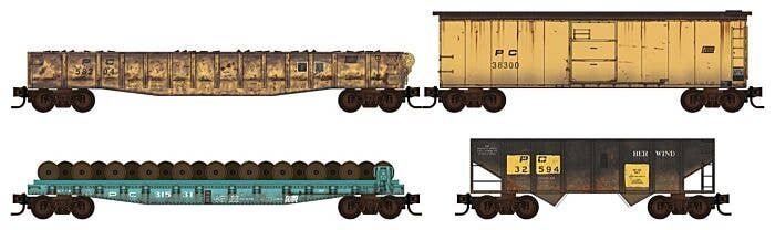 Maintenance-of-Way 4-Car Set - Ready to Run w/Load Kits -- Penn Central Weathered Wheel Flat, Gondola, Boxcar, 2-Bay Hopper, N, 