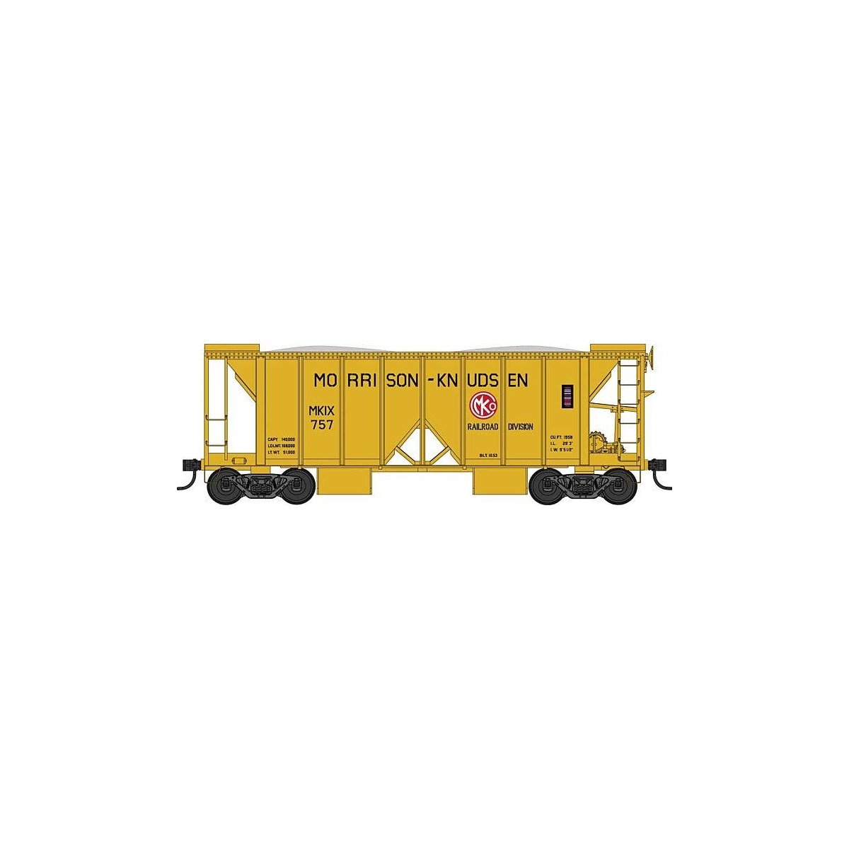 70-Ton 2-Bay Ballast Hopper with Side Chutes (Ballast Gates) - Ready to Run -- Morrison Knudsen 779 (yellow), HO, Bowser Manufac