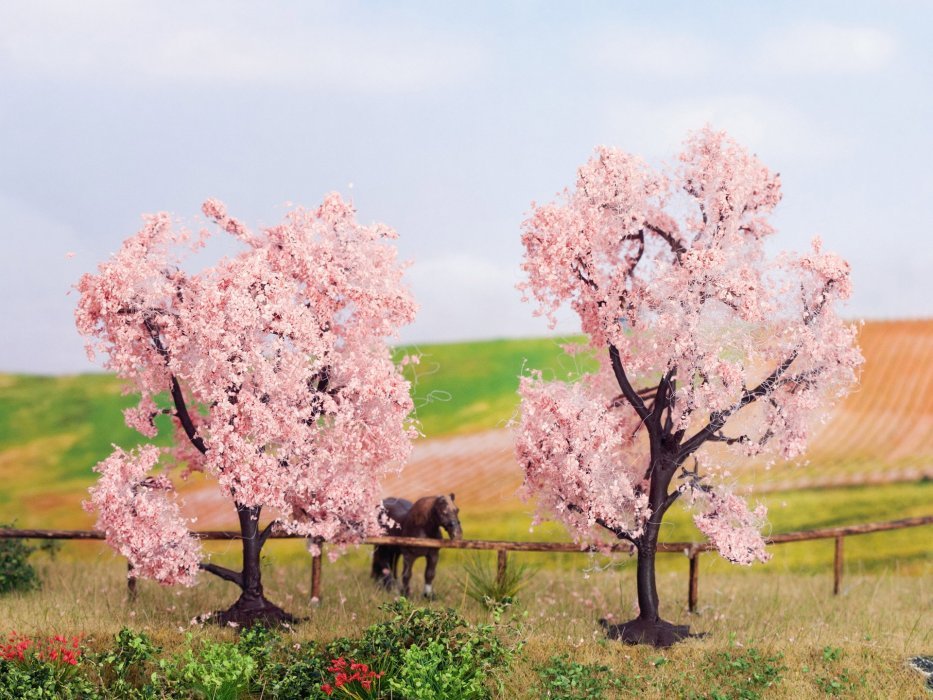 Blooming Almond Trees -- 1 Each: 3-1/8 & 3-1/2′ 8 & 9cm Tall pkg(2), All Scales, NOCH 21996