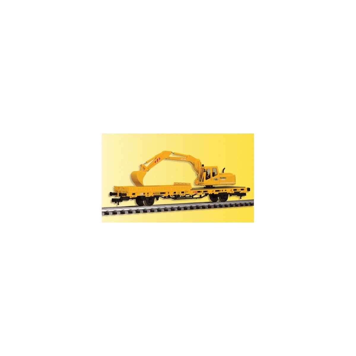 Low-Side Work Car w/Atlas Excavator - Ready to Run -- Yellow, HO, Kibri 26250