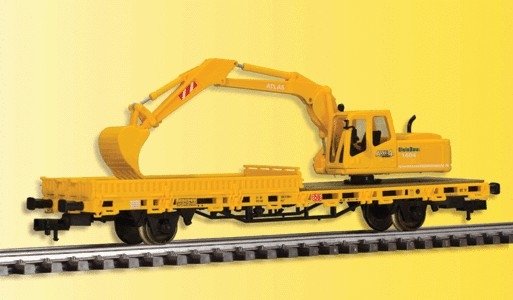 Low-Side Work Car w/Atlas Excavator - Ready to Run -- Yellow, HO, Kibri 26250