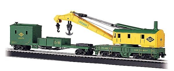 250-Ton Crane Car & Boom Tender - Silver Series(R) -- Reading (Green, yellow), HO, Bachmann Industries 16110