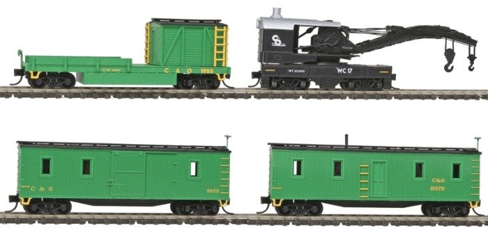 4-Car Wreck Train Set - Ready to Run -- Chesapeake & Ohio Crane, Boom, Tool & Crew Car, N, Intermountain Railway Company 650410