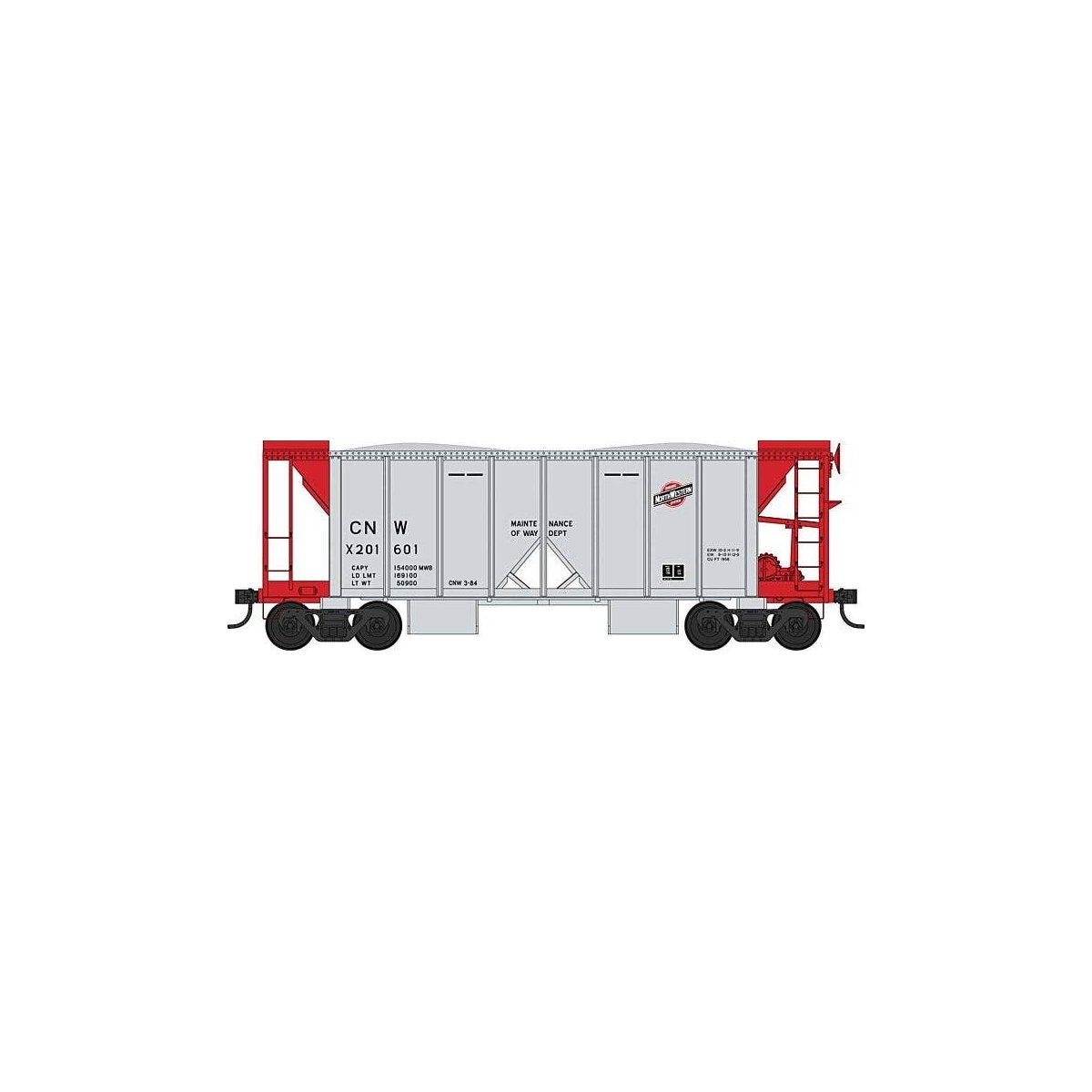 70-Ton 2-Bay Ballast Hopper with Side Chutes (Ballast Gates) - Ready to Run -- Chicago & North Western X201750 (gray, red), HO, 
