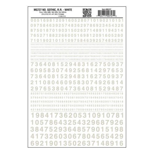 Dry Transfer Numbers Only - Railroad Gothic -- White, All Scales, Woodland Scenics 727