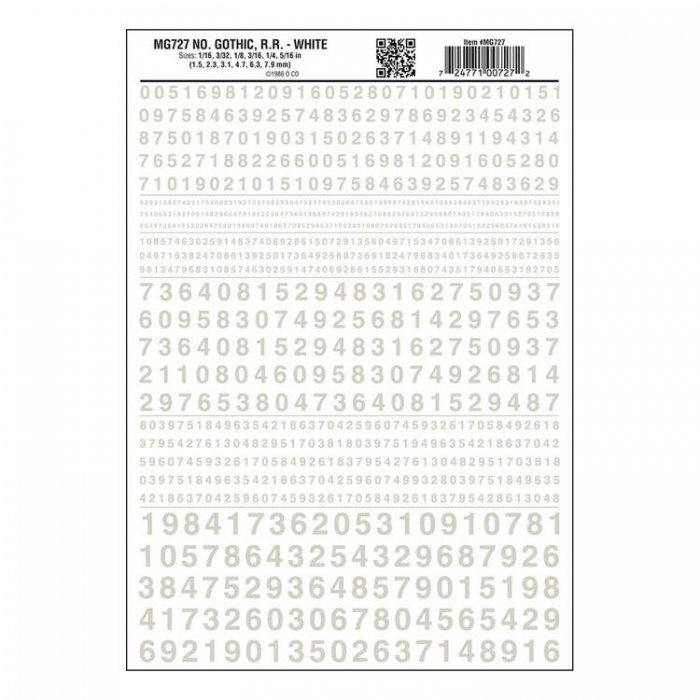 Dry Transfer Numbers Only - Railroad Gothic -- White, All Scales, Woodland Scenics 727