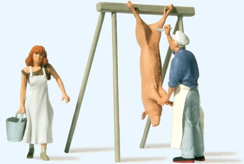 Slaughtering at the Farm -- 2 figures, Pig and Stand, G, Preiser Kg 44935