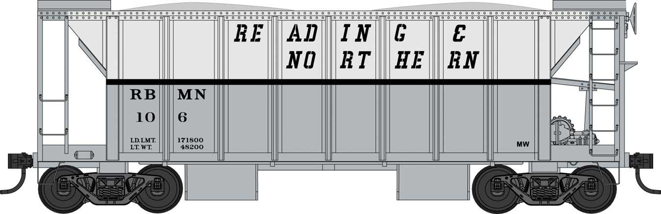 70-Ton 2-Bay Ballast Hopper with Side Chutes (Ballast Gates) - Ready to Run -- Reading , HO, Bowser Manufacturing Co. 43