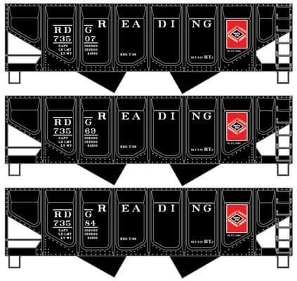 55-Ton Panel-Side 2-Bay Hopper 3-Pack - Kit -- Reading 73507, 73569, 73584 (black, red, Anthracite D, HO, Accurail Inc 2
