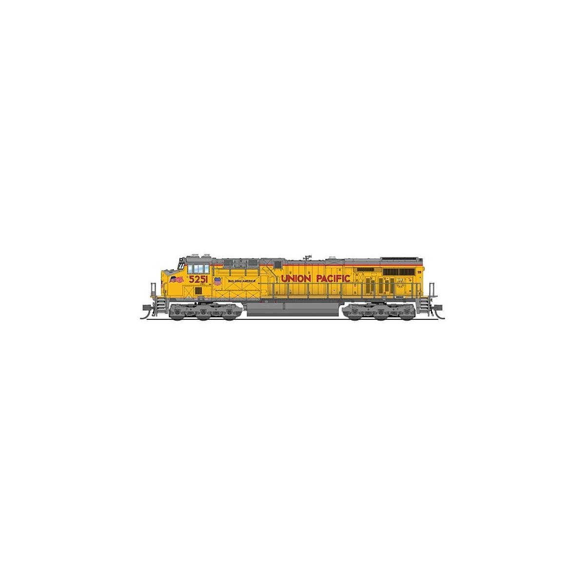 GE ES44AC - Standard DC - Stealth -- Union Pacific 5251 (2022, Armour Yellow, gray, red, Small Flag), N, Broadway Limited Import