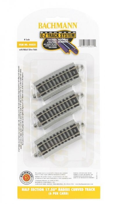 Curved Track w/Nickel Silver Rail & Gray Roadbed - E-Z Track(R) -- 17-1/2′ Radius Half Sectio, N, Bachmann Industries 44825