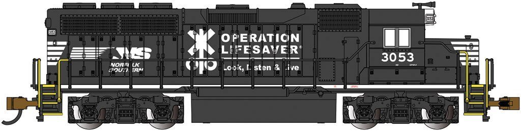 EMD GP40 - Standard DC -- Norfolk Southern 3053 (black, white `Operation Lifesaver` Scheme), N, Bachmann Industries 63565