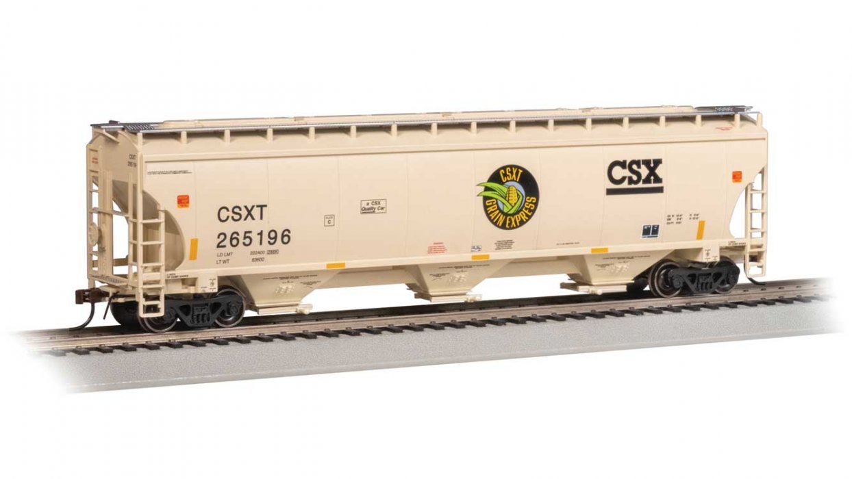Trinity 5161 3-Bay Covered Hopper - Ready to Run -- CSX 265196 (pale yellow, black, Grain Ex, HO, Bachmann Industries 70635