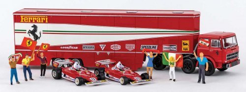 Fiat Semi Tractor w/Racing Trailer, 2 Ferrari 312T2 & 6 Figures - Assembled -- Ferrari Racin, HO, Brekina Automodelle 58575