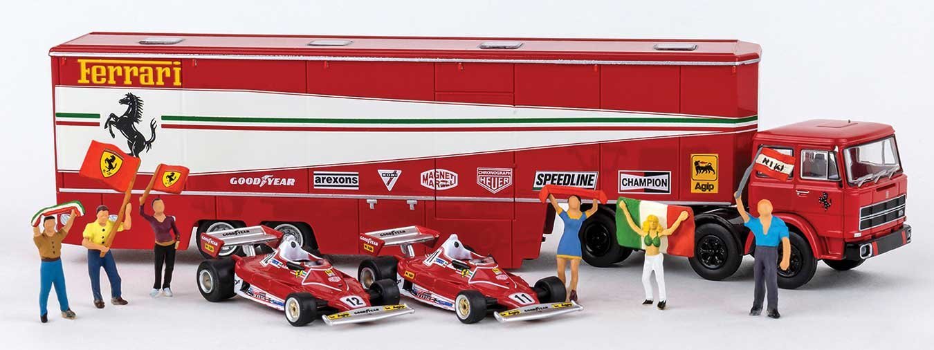 Fiat Semi Tractor w/Racing Trailer, 2 Ferrari 312T2 & 6 Figures - Assembled -- Ferrari Racin, HO, Brekina Automodelle 58575