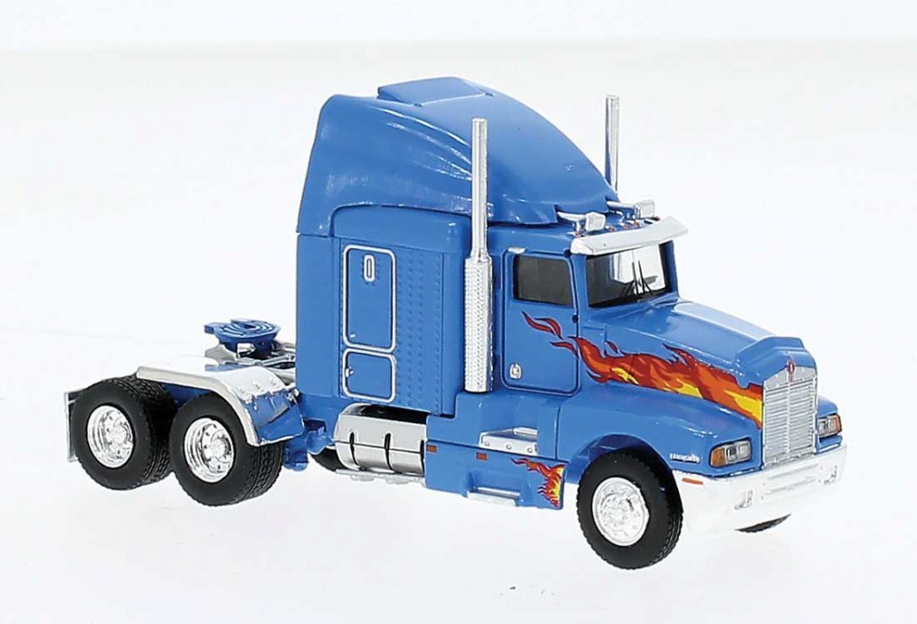 1984 Kenworth T600 Sleeper-Cab Tractor Only - Assembled -- Blue, Orange Flames, HO, Brekina Automodelle 85934