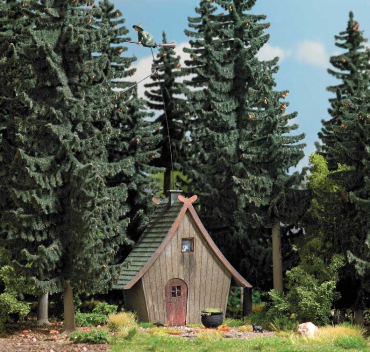 Witch`s Cottage with Flying Witch -- Laser-Cut Wood Kit - 2-1/2 x 2 x 2-11/16` 6.4 x 5.2 x 6., HO, Busch Gmbh & Co Kg 1679