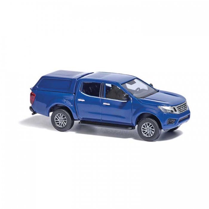2015 Nissan Navara/Frontier Crew-Cab Pickup Truck with Cap - Assembled -- Blue, HO, Busch Gmbh & Co Kg 53705