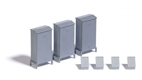 Trackside Details Set -- 3 Relay Cabinets and 4 Pole-Mount Dispatcher Telephone Boxes, HO, Busch Gmbh & Co Kg 7792
