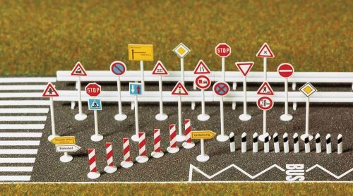 European-Style Traffic Sign Set -- 30 Signs, 10 Guardrails, Road Limit Posts & Dry Transfer Str, N, Busch Gmbh & Co Kg 8121