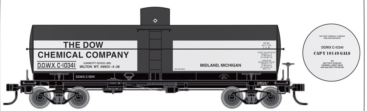 Railroad Decal Set -- Dow Chemical DOWX 10,000-Gallon Tank Car, N, Tichy Train Group 10050N