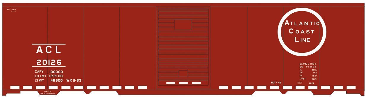 Railroad Decal Set -- Atlantic Coast Line 40′ Steel Boxcar (Circle Logo, Dashed Line Frame), HO, Tichy Train Group 10197