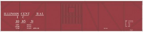 Railroad Decal Set -- Illinois Central 50′ Single-Door Single-Sheathed Boxcar (Boxcar Red, No , HO, Tichy Train Group 10224