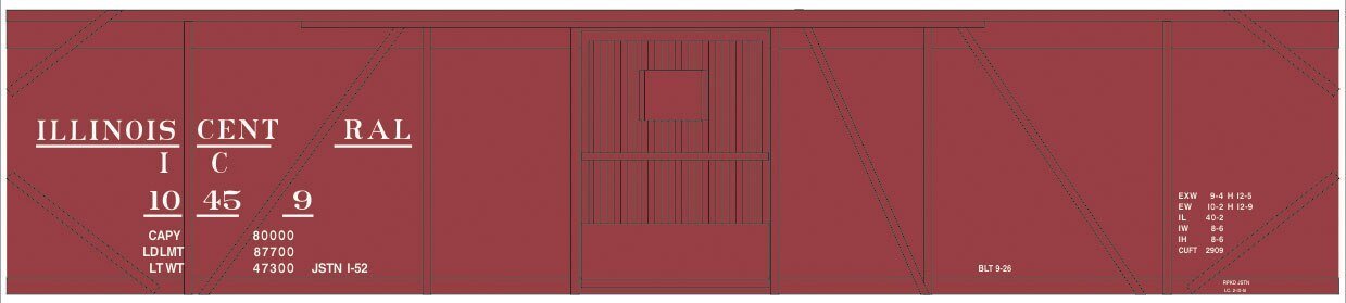 Railroad Decal Set -- Illinois Central 50′ Single-Door Single-Sheathed Boxcar (Boxcar Red, No , HO, Tichy Train Group 10224