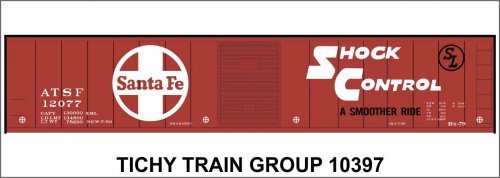 Railroad Decal Set -- Santa Fe 50′ Steel Boxcar (red car, 12000 Series, Shock Control, Large L, HO, Tichy Train Group 10397