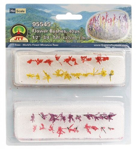 Flower Bushes -- 1/2 to 3/4′ 1.3 to 1.9cm Tall (red, pink, yellow, purple) pkg(40), HO, JTT Miniature Tree 95545