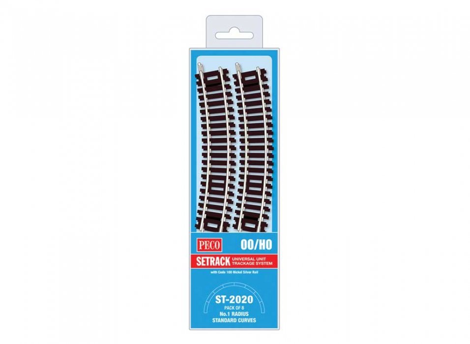 Code 100 Nickel Silver Standard 22.5 Degree Curved Section - Setrack -- 14-5/8′ 37.1cm (1st) Radius pkg(8, HO, Peco ST2020