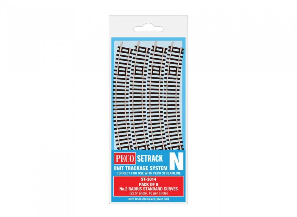 Code 80 Standard Curve - Setrack -- Radius 2 - 263.5mm, 22.5 Degree pkg(8), N, Peco ST3014