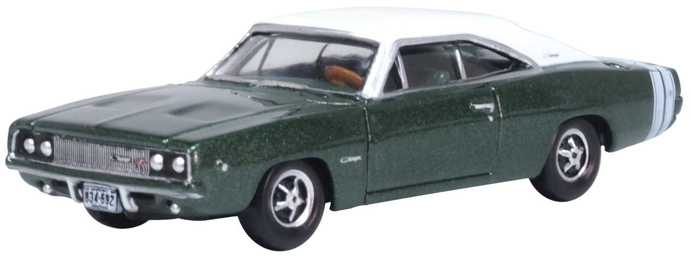 1968 Dodge Charger - Assembled -- Racing Green, White, HO, Oxford Diecast 87DC68005