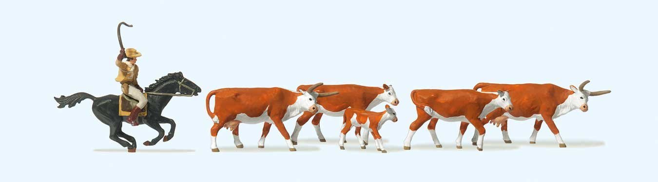 Riding Cowboy and 5 Longhorn Cattle, HO, Preiser Kg 10159