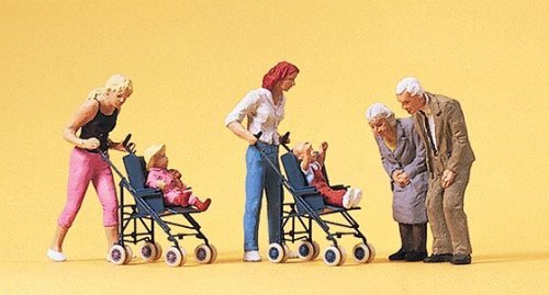 Pedestrians -- Mothers w/Children In Strollers & Grandparents, HO, Preiser Kg 10493