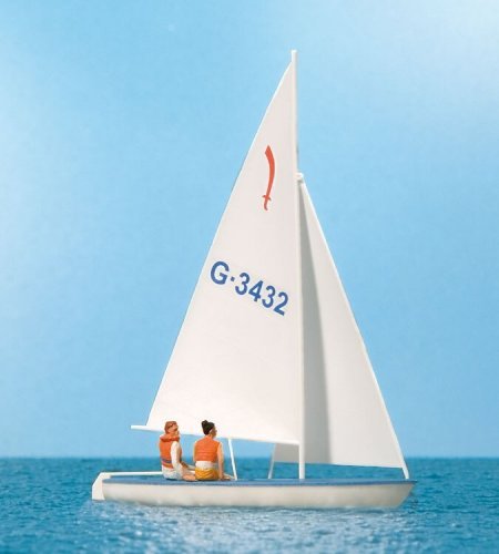 Korsar Sailboat w/Sailor -- Sails Up (white, red, blue), HO, Preiser Kg 10676
