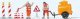 Road Construction Workers with Accessories -- 2 Figures, Compressor Trailer and Signs, HO, Preiser Kg 10754