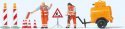 Road Construction Workers with Accessories -- 2 Figures, Compressor Trailer and Signs, HO, Preiser Kg 10754