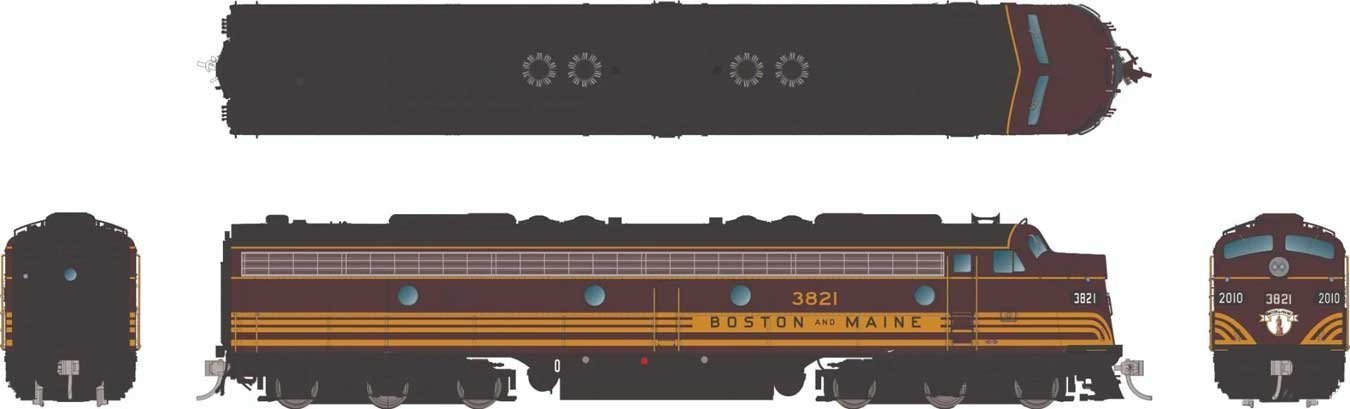 EMD E8A - Sound and DCC -- Boston & Maine 3821 (maroon, Harvest Gold), HO, Rapido Trains Inc 28576