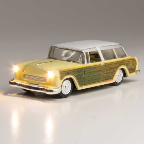 Station Wagon - Just Plug(R) Lighted Vehicle -- Yellow with Wood Sides, HO, Woodland Scenics 5599
