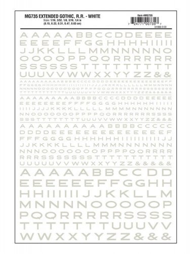 Dry Transfer Alphabet & Numbers - Extended Railroad Gothic -- White, All Scales, Woodland Scenics 735