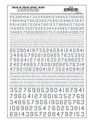 Dry Transfer Numbers Only - 45 Degree USA Gothic (Military Style) -- Silver, All Scales, Woodland Scenics 750