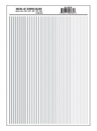 Dry Transfer Stripes - .010, 1/64, .022, 1/32 & 3/64′ Wide -- Silver, All Scales, Woodland Scenics 764