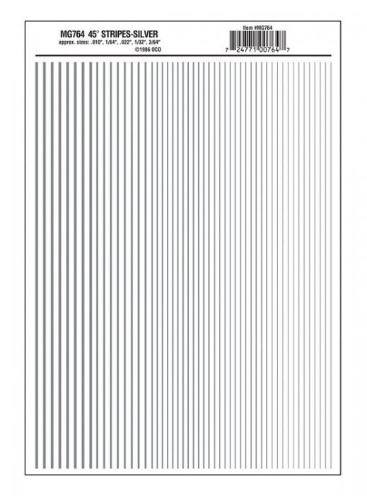 Dry Transfer Stripes - .010, 1/64, .022, 1/32 & 3/64′ Wide -- Silver, All Scales, Woodland Scenics 764