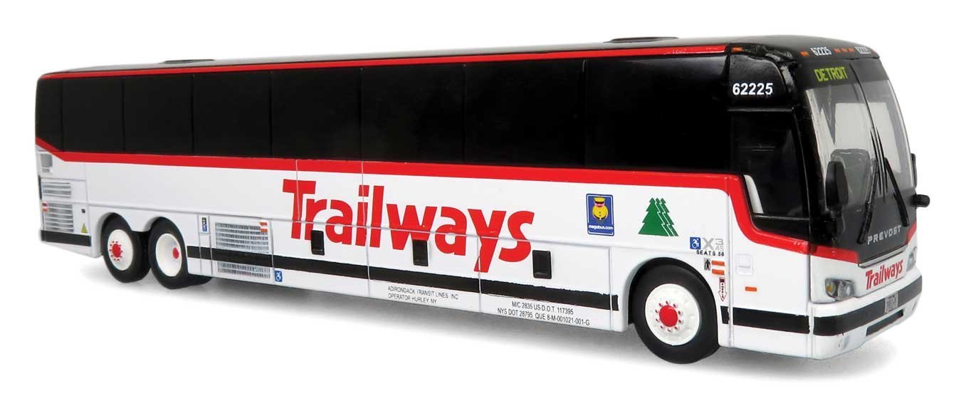 2022 Prevost H3-45 Coach - Assembled -- Adirondack Transit Lines Trailways (white, black, red), HO, Iconic Replicas 870477