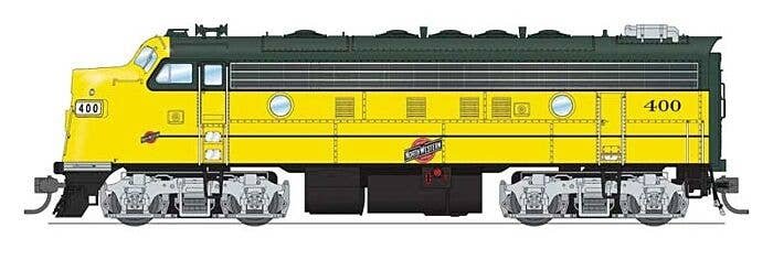 EMD F7B - Standard DC - Stealth -- Chicago & North Western 403 (executive Scheme, yellow, green, silver), HO, Broadway Limited I