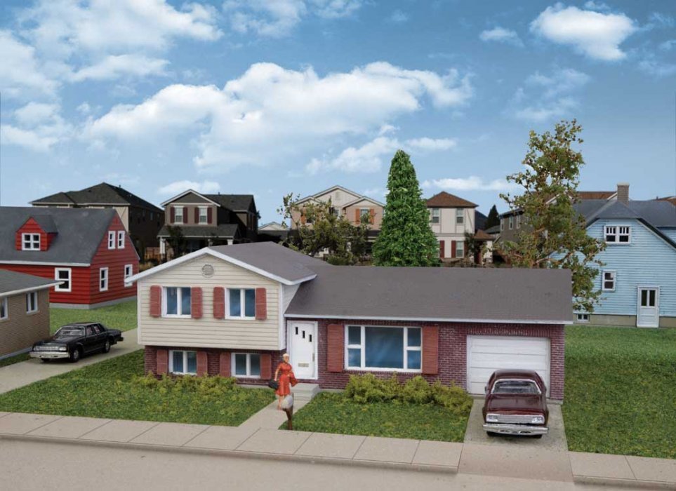 Split-Level House -- Kit - 4 x 2-1/4 x 1-1/2′ 10.2 x 5.7 x 3.8cm, N, Walthers Cornerstone 3840